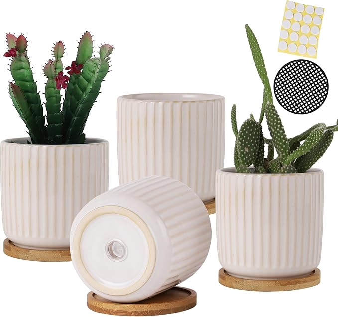 4 Inch Ceramic Plant Pots with Saucer and Drainage Hole | Creative Stripe Small Planters Pot, for Succulent Cactus Herbs, White, Set of 4