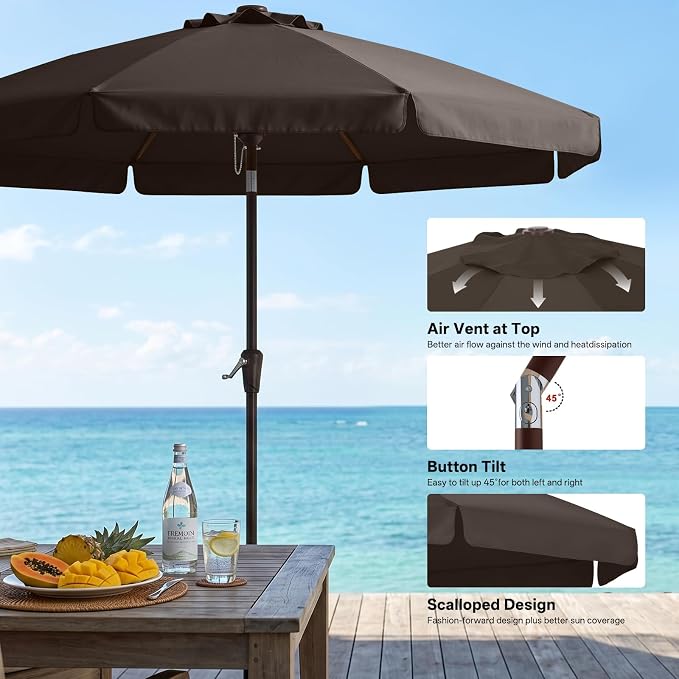 ABCCANOPY 9ft Scalloped Patio Umbrella, Outdoor Table Umbrella with Tilt and Crank, Fiberglass Ribs Deck Umbrella for Patio, Pool, Garden, Picnic (Brown)