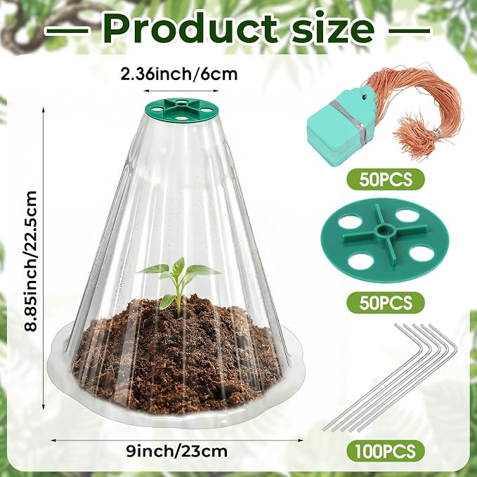 Cloches for Plants, Transparent Plant Covers, Garden Cloches with Humidity Domes, Securing Pegs and Plant Labels, Reusable Plant Protectors from Animals Plant Bell Cover (Transparent-50pcs-M)
