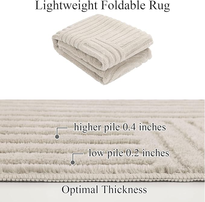 SHACOS Soft Cozy Fluffy Arch Pattern High Low Pile Area Rugs 5'x7' Non Slip Washable Scandinavian Minimalist Rug Modern Geometric Arc Carpet for Living Room Bedroom Dining Room, Beige