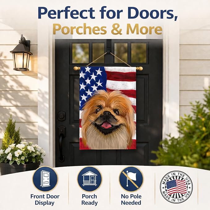 Caroline's Treasures CK6639CHF Pekingese Dog American Flag House Flag Large Porch Sleeve Pole Decorative Outside Yard Banner Artwork Wall Hanging, Polyester, House Size, Multicolor