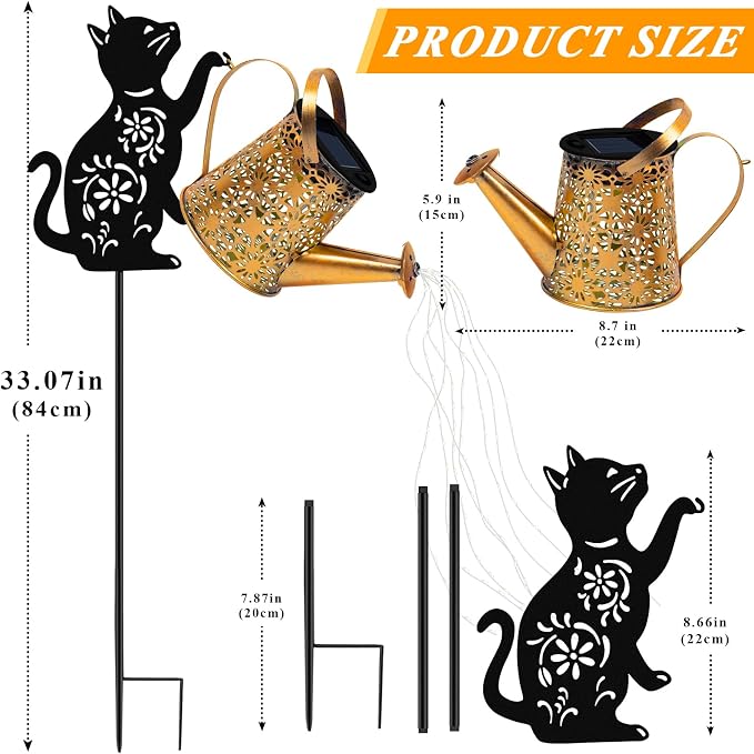 Solar Lights Outdoor Decorative, Watering Can with Cascading Lights, with Cat Silhouette Garden Stakes, Waterproof Metal Garden Decor for Yard Art, Outside, Patio, Lawn 2PACK