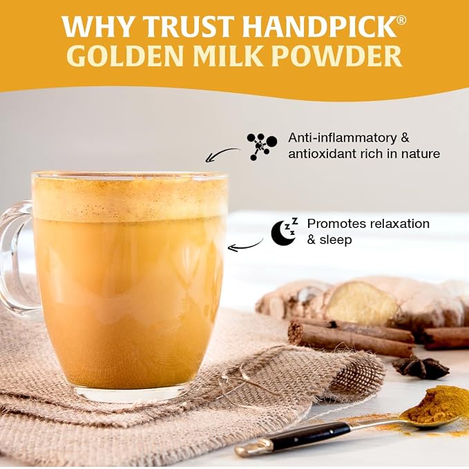 HANDPICK Golden Milk Powder with Turmeric - (7oz, 80 servings) Instant Latte Mix | Blend of Ginger, Black Pepper and Curcumin (Packaging may vary)
