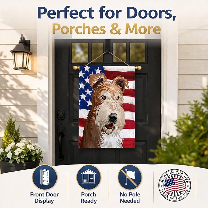 Caroline's Treasures CK6527CHF Fox Terrier Wire Dog American Flag House Flag Large Porch Sleeve Pole Decorative Outside Yard Banner Artwork Wall Hanging, Polyester, House Size, Multicolor