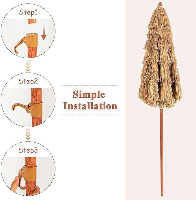 Giantex Thatched Tiki Umbrella, Hawaiian Style Patio Grass Umbrella with 8 Ribs & Tilt Adjustment, Outdoor Portable Beach Sunshade for Yard, Garden & Poolside