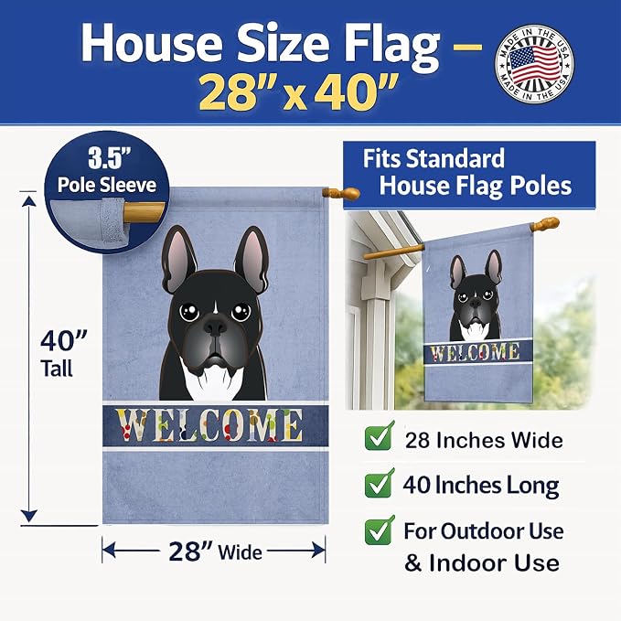 Caroline's Treasures BB1413CHF French Bulldog Welcome House Flag, Blue Large Porch Sleeve Pole Decorative Outside Yard Banner Artwork Wall Hanging, Polyester, House Size, Multicolor