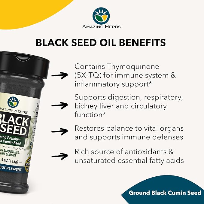 Amazing Herbs Premium Ground Black Cumin Seeds - Finely Ground Nigella Sativa, Gluten Free, Non GMO, Supports Cardiovascular Function & Preserves Digestive Health - 4 Oz