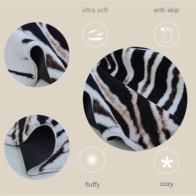 rugoo Zebra Print Rug 6.4 ft x 8.5 ft Black and White Animal Print Area Faux Fur Mat Carpet for Living Room Bedroom Nursery Sofa