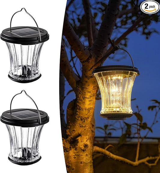 Glass Solar Lantern Outdoor, Waterproof Hanging Solar Lights for Outside with Modular Design, 3000K LED, Auto On/Off Table Lamp for Garden Patio Yard Fence Wall Decorative, Warm White(2 Pack)