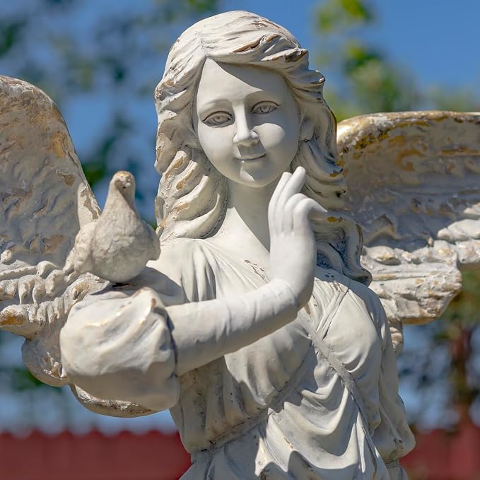 Zaer Ltd. 46" Tall Magnesium Angel Statue with Billowing Dress and Bird Perched on Shoulder in Antique Grey Maria (Antique Grey)