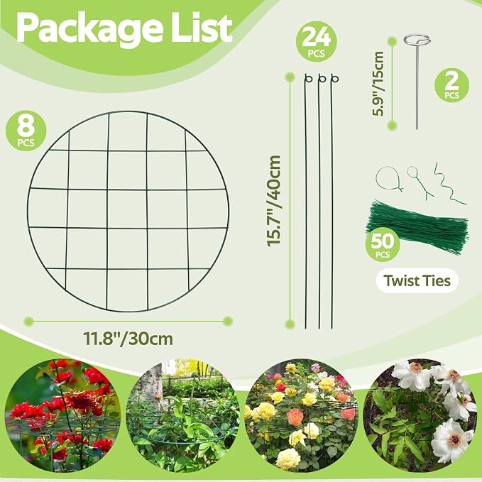 8 Pack Peony Cages and Supports - Grow Through Plant Support for Outdoor Plants - Sturdy Metal Support Frame for Peonies, Roses Flower Garden Cage - Wide Top Rings Bouquet Shape 12" D x 16" H
