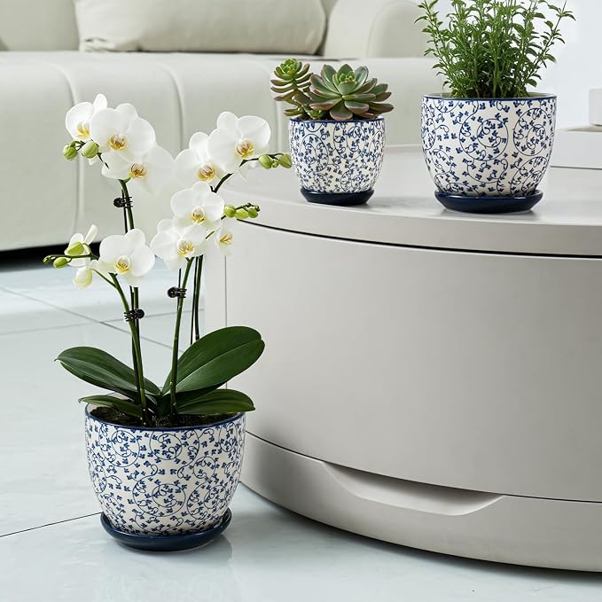 Ceramic Plant Pots - 3.5"+4.5"+5.6" Flower Pots with Drainage Holes and Saucers - Planters for Indoor Plants Orchid, Cactus, Herbs, Succulent, Home Office, Set of 3, Vintage Blue, Scroll