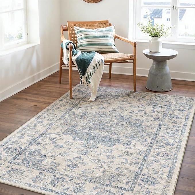 3x4 Blue Neutral Area Rug | Washable, Non Slip, Soft Low Pile, Vintage Farmhouse, for Entryway Kitchen Bathroom Living Room Bedroom Indoor Home Decor