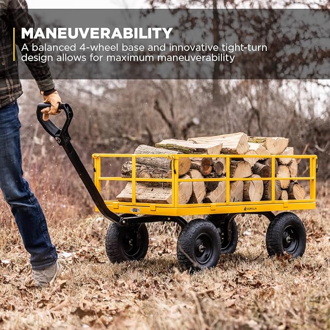 Gorilla Carts Heavy Duty, All Terrain Garden Wheelbarrow, 1200 Lb, Yellow - Foldable Wagon, Gardening Equipment for Yard, Lawn, and Outdoor Use