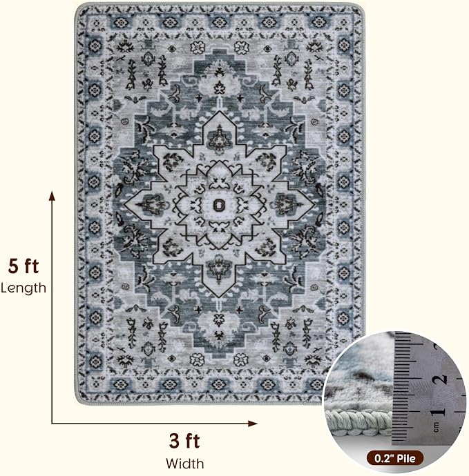 LBRO2M Machine Washable Rug Soft Pet Friendly Carpet 3X5 Dusty Blue | Persian Throw Rug 3X5 for Entryway, Kitchen, Bathroom Non Slip Carpet, Foldable Stain Resistant Rugs