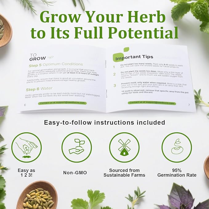Indoor Herb Garden Starter Kit, 10 Non-GMO Herb Seeds for Basil, Parsley, Thyme, Mint, Cilantro, Dill, Oregano, Chives, Sage, Mustard Including 10 White Pots, Nutritional Soil, Ideal Xmas Gift
