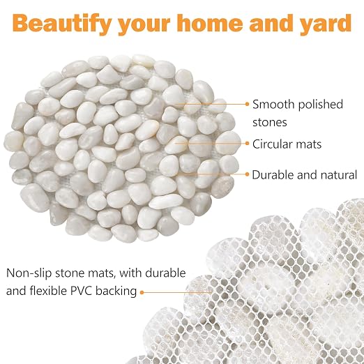 River Rock Stepping Stones Outdoor for Garden Walkway, 10 inch Diameter 6 Pcs Round Shape Paver Step Stones Polished Pebble River Stone Mat for Yard Lawn Patio Pathway Walk Way - White