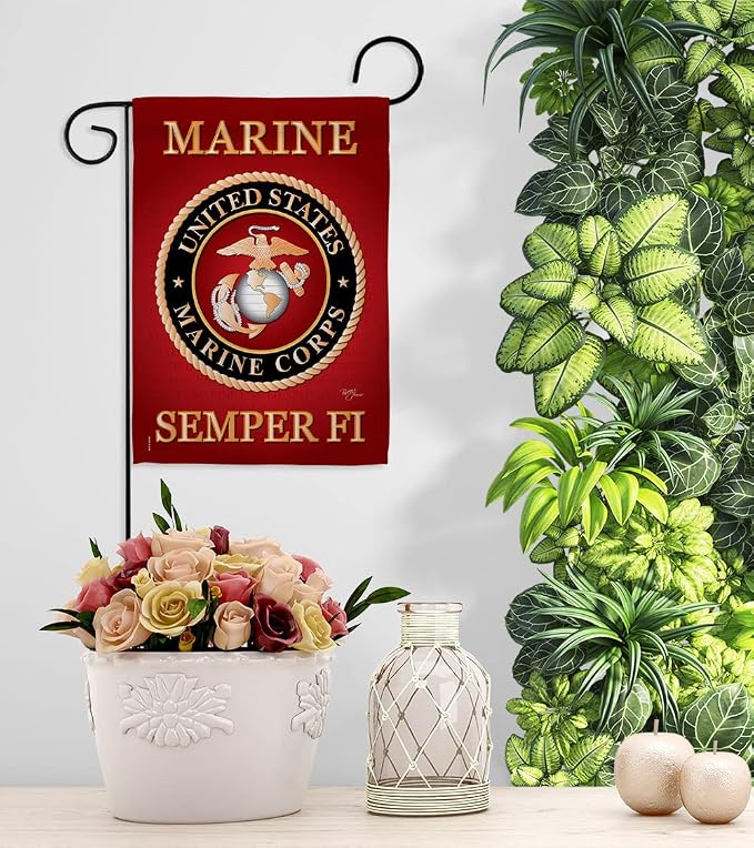 Marine Corps Garden Flag - Set Wall Holder Armed Forces USMC Semper Fi United State American Military Veteran Retire Official - House Banner Small Yard Gift Double-Sided Made in USA 13 X 18.5