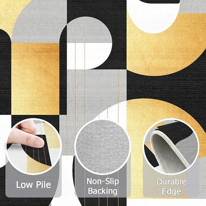 5x7 Black and Gold Geometric Modern Area Rug for Living Room Bedroom Abstract Large Rug Machine Washable Non-Slip Carpet for Dining Room Office