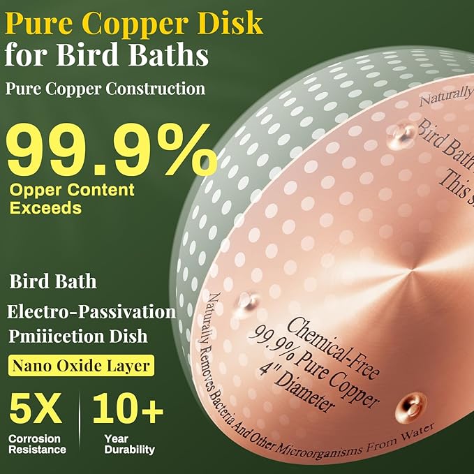 MorningRo 1 Pcs 4'' Bird Bath Copper Disk, 0.6mm Thick Reinforced 99.99% Pure Copper Disc birdbath Purification Disc, with 4 Point Support for Outdoor Birdbaths Bowls Cleaner (Classic)