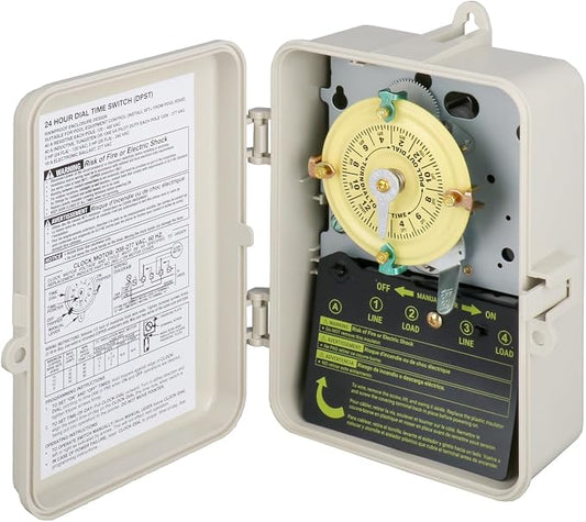 T104 Mechanical Pool Timer Switch, Weatherproof Plastic Enclosure, 208-277VAC 60Hz DPST, Indoor/Outdoor Install, for Pool Pump, Spa Equipment, Landscape Lighting, Outdoor Irrigation