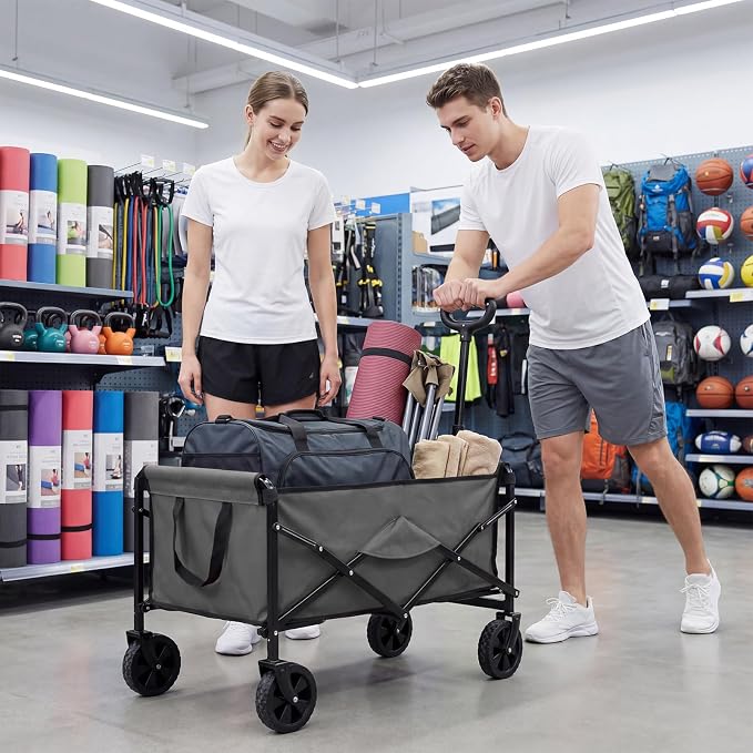 OLIXIS Collapsible Wagon 67L Compact Lightweight Utility Folding Wagon Cart with Wheels – 220 lbs Weight Capacity, Flexible Handle for Beach, Grocery, Camping, Shopping, Sports & Garden, Gray