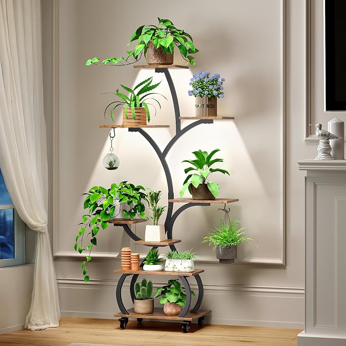 VINGLI Plant Stand Indoor with Grow Lights, 48" Small Space Plant Stand, 8-Tier Mobile Plant Shelf, Lighted Display Rack for Apartment, Living Room & Balcony, Black and Brown
