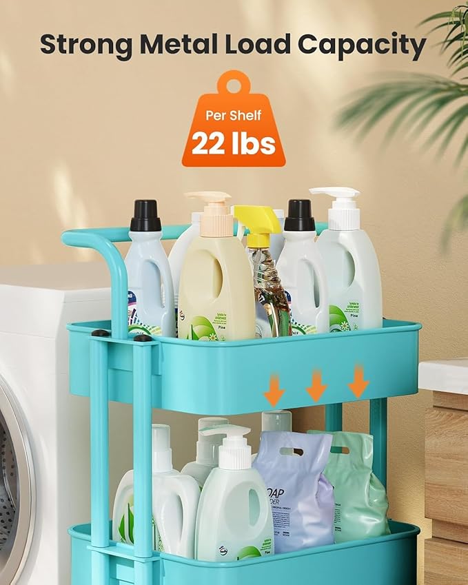 Pipishell 3 Tier Rolling Cart, Metal Utility Cart with Wheels and Handle, Rolling Storage Cart for Nursery Room, Living Room, Painting Room, Office and Kitchen, Turquoise