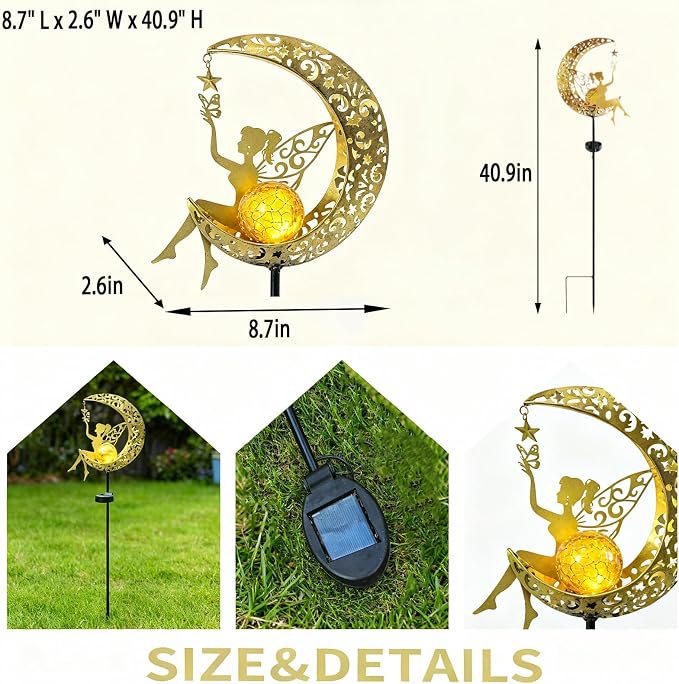 Solar Moon Fairy Garden Stake Light, Outdoor Waterproof Metal Yard Art with Crackle Glass, Decorative Solar Pathway Lights for Patio Lawn, Gift for Housewarming Mother's Day for Mom Women