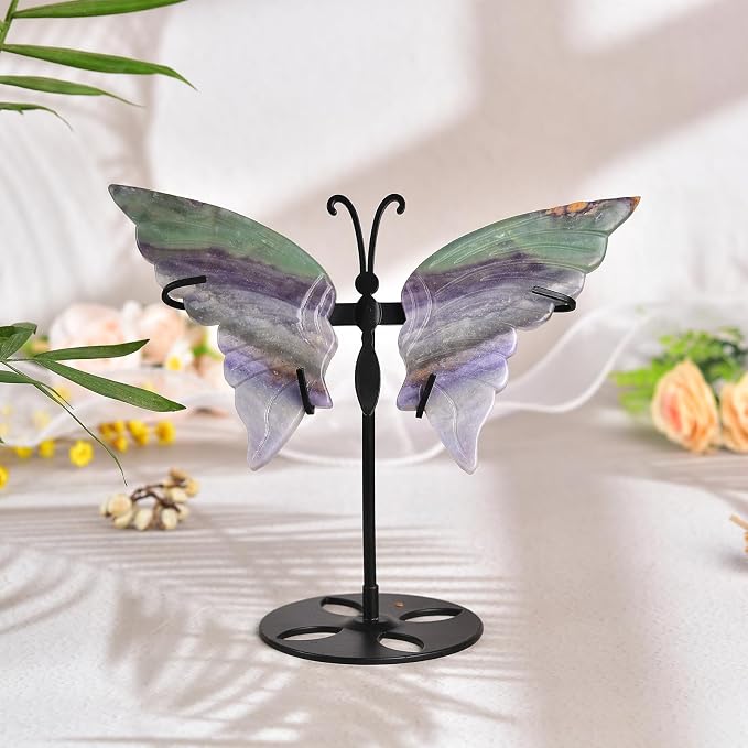 JIC Gem Rainbow Fluorite Crystal Butterfly Art Angel Wings Sculpture Carving,Green Healing Crystal Butterfly Ornaments Energy Decorative Stone Reiki Gifts (1pair, 10cm)