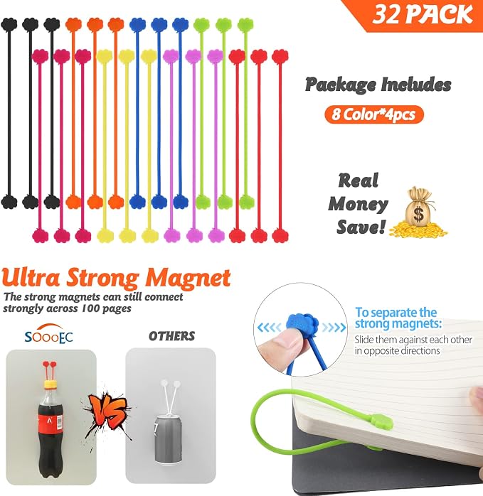 SOOOEC Snap On Magnetic Cable Ties, 32 Pack 7.2" Magnetic Cord Organizer Cute Cloud Design, Silicone Twist Ties with Strong Magnet for Bundling and Cable Management, Fridge Magnets, Assorted Colors.
