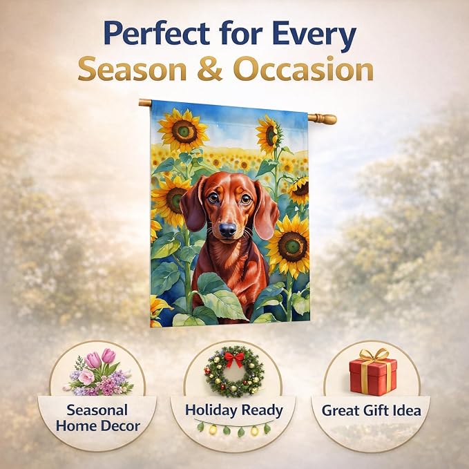 Caroline's Treasures DAC6065CHF Dachshund in Sunflowers House Flag Large Porch Sleeve Pole Decorative Outside Yard Banner Artwork Wall Hanging, Polyester, House Size, Multicolor