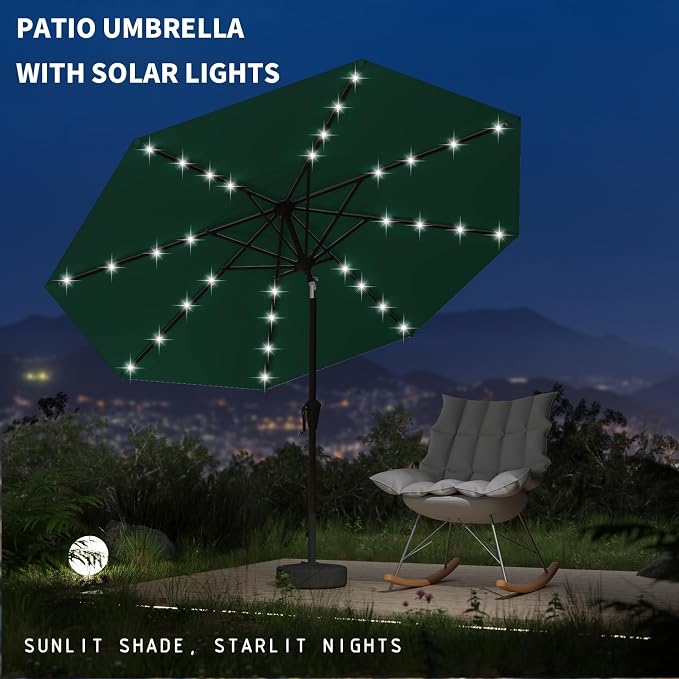 9FT Patio Umbrella with Solar Lights,Outdoor Market Umbrella with Tilt and Crank, LED Lighted Table Umbrella for Garden,Deck,Backyard,Pool,Beach (Dark Green)