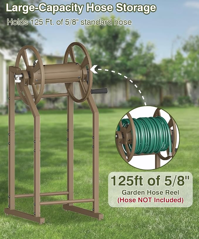 4-Spike Garden Hose Reel with 3.9ft Leader Hose & Stainless Fitting, Outdoor Hose Holder holds 125ft Hose of 5/8", Freestanding Metal Hose Stand for Outside Yard Lawn, Brown