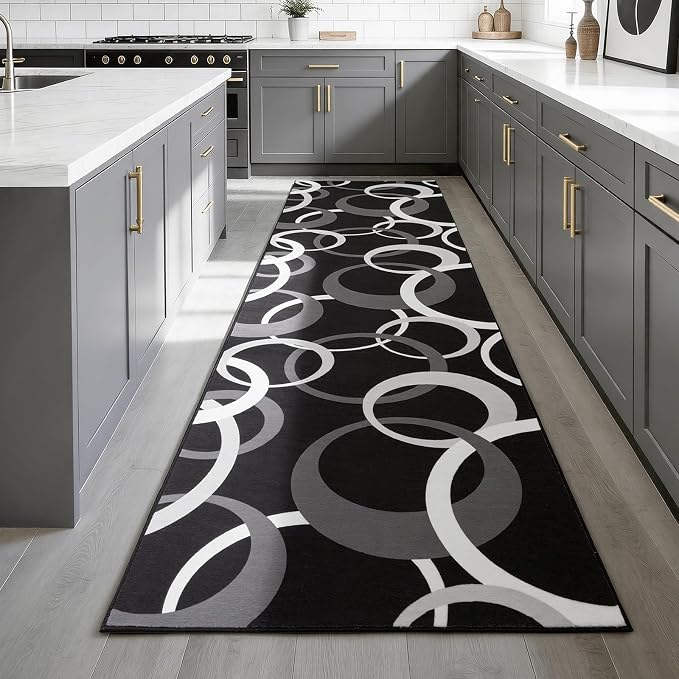 Washable 2x8 Hallway Runner Rug Non Slip, Black and White 8ft Rug Runners for Bathroom Kitchen Non Skid, Geometric Circle Modern Carpet Runner for Entryway Bedroom