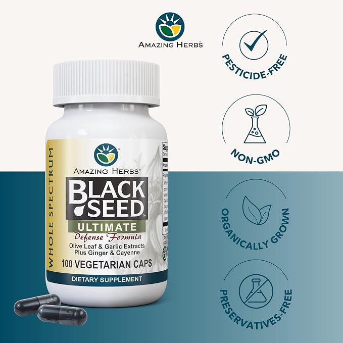 Amazing Herbs Whole Spectrum Black Seed Ultimate, Vegetarian Capsules - Olive Leaf & Garlic Extracts Plus Ginger & Cayenne, Gluten Free, Non GMO, Vegan - 100 Count