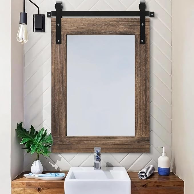 AAZZKANG Large Rectangle Mirror Rustic Wood Hanging Mirror Large 30"x22" Decorative Farmhouse Bedroom Bathroom Mirrors Home Wall Decor