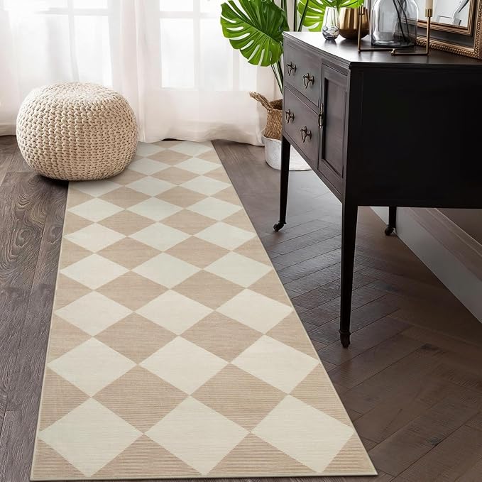 Beeiva Checkered Print Rug Runners for Hallways Non Slip 2.5x8, Ultra Thin Beige Kitchen Runner Rugs Non Skid Washable, Classic Neutral Gingham Decor Faux Wool Carpet for Bathroom Bedroom Entryway