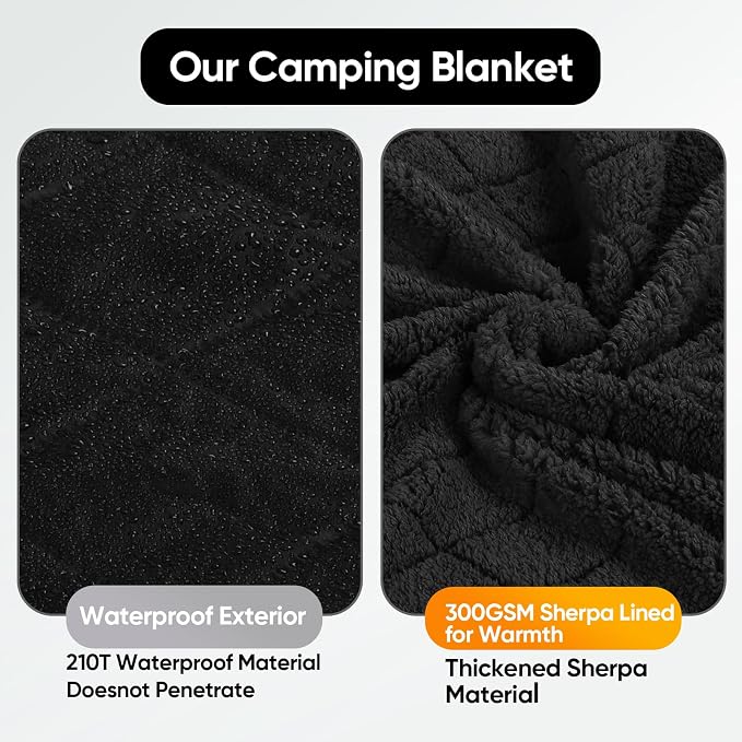 Northroad Waterproof Outdoor Blanket w/Sherpa Lining, Large Windproof Camping Blankets for Cold Weather, Light Weight and Warm for Stadium, Hiking, Dog, Picnic, Washable, 67”X 87” (Black, 1PCS)