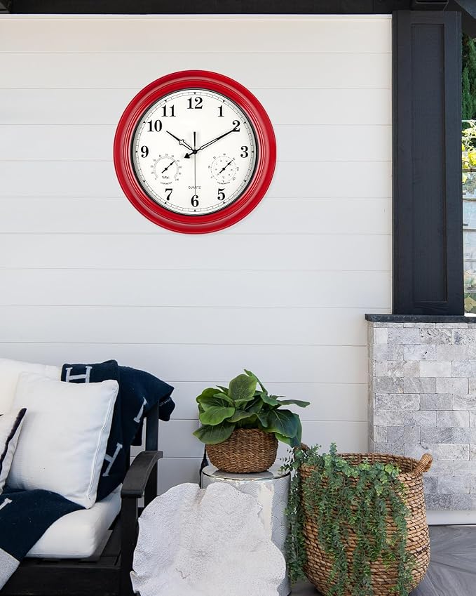 Outdoor Clocks Waterproof, 18 in Large Outdoor Clock for Patio w/Thermometer Combo, Silent Battery Operated Decorative Retro Wall Clock for Living Room/Bathroom/Pool/Indoor, Red