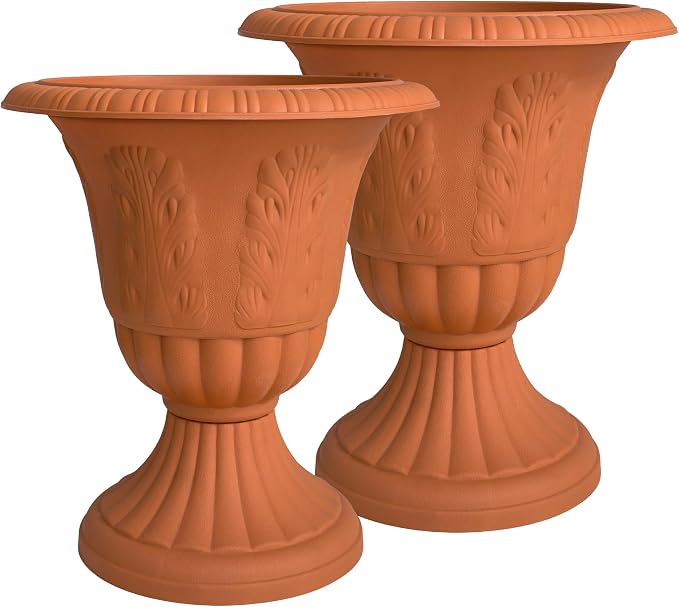 Set of 2 Goblet-Shaped Plastic Planter Urns, Terracotta, Dia 14.6" Large | OUMUHE elegant plastic flower pots with secure buckle base & porous drainage for outdoor porch plants, 16" H × 14.5" D