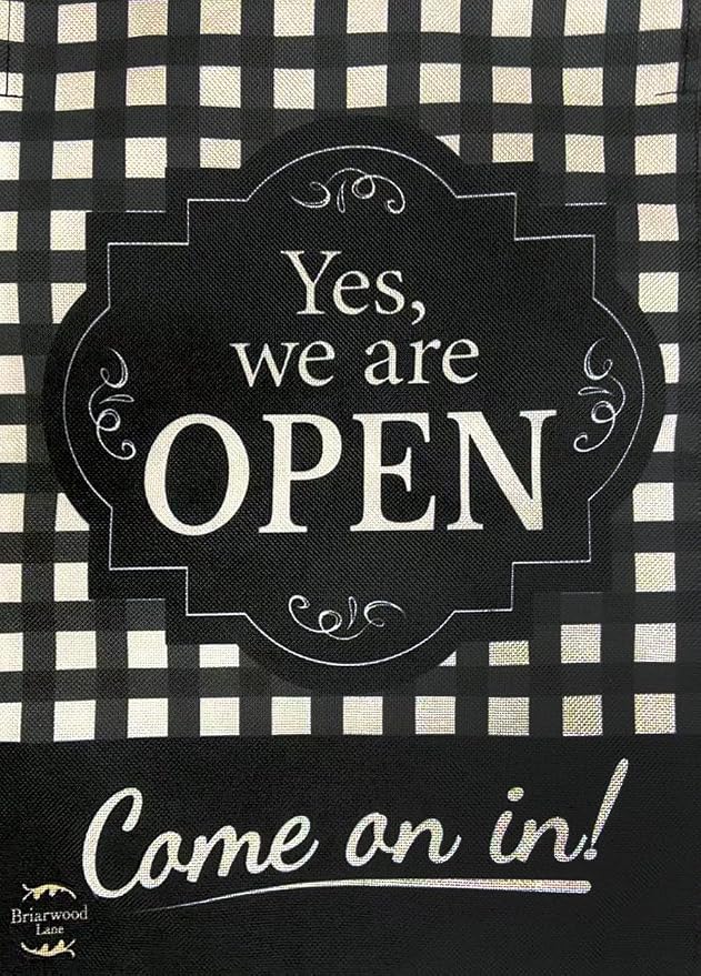 We Are Open Burlap House Flag Everyday Checkered 28" x 40" Briarwood Lane