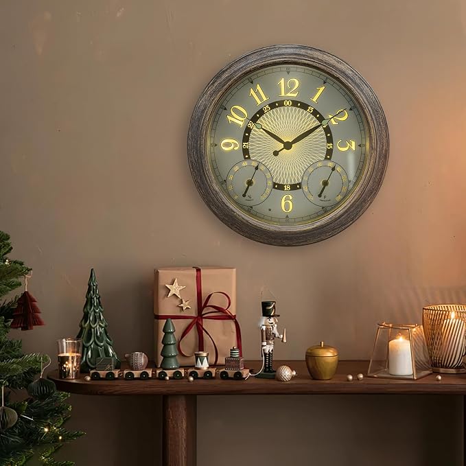 Pytha Sight Illuminated Large Metal Outdoor Clocks Waterproof 18 Inches With AI Auto Light Smart Sensor,Extra Big Indoor Outdoor Wall Clocks With Thermometer & Hygrometer for Patio, Pool, Garden,Porch