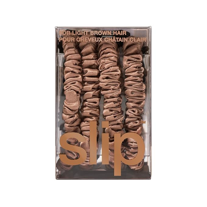 Slip Silk Hair Ties — Skinny Silk Light Brown Scrunchies, No Damage, No Crease, Anti-Breakage |100% Mulberry Silk | All Hair Types | Made with Proprietary Slipsilk™ | Set of 4