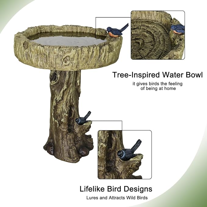 SKYFIRE Bird Baths for Outdoor - 24.4" Tall Pedestal Birdbath with Bird, Fibre Reinforced Concrete with Woodland Tree Trunk Décor Modern and Durable,Bird Bath for Outside, Garden, Patio,Lawn,Backyard