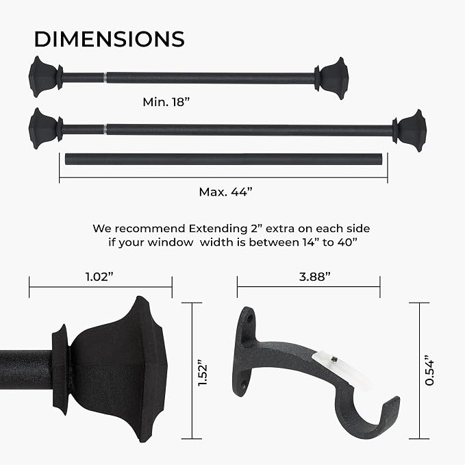 Deco Window Adjustable Curtain Rod for Windows 18 to 44 Inch (Pack of 2 Extendable Heavy Duty 1 Inch Iron Drapery Pole with Finials Wall Mounted French Door Curtain Rods (Black)