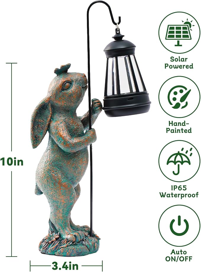 Pohabery Garden Statues Outdoor Bunny with Solar Lantern – Rabbit Yard Decor, Waterproof Resin Figurine Pathway Light for Easter Housewarming Gifts for Lawn & Patio
