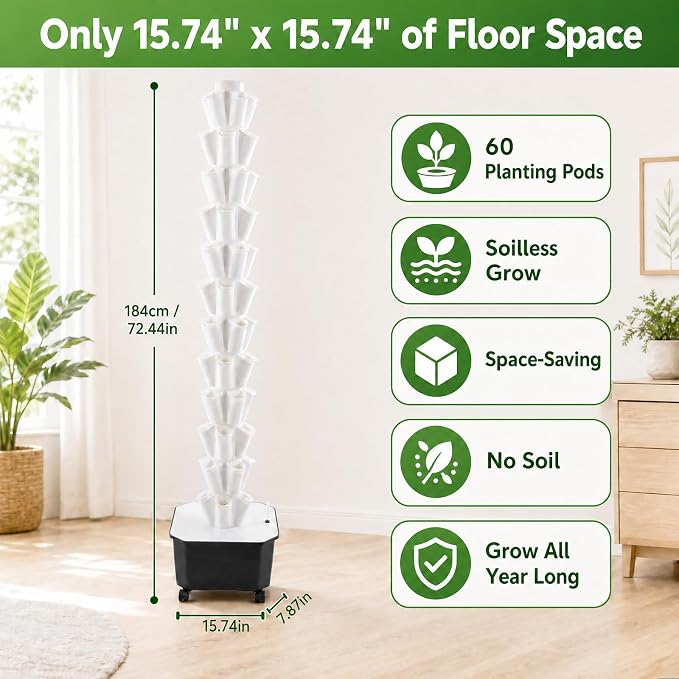 Hydroponic Tower 60 Pods 12 Tiers Hydroponics Growing System Vertical Garden System with 25L Water Tank and Pump for Indoor Outdoor Home, Balcony & Patio