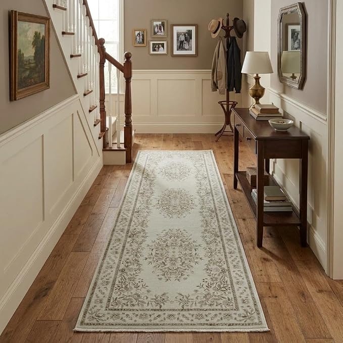 GarveeHome 2x8 Runner Rug for Kitchen Leaf and Flower Throw Rug for Laundry | Machine Washable Vintage Distressed Floral Long Runners Non-Slip Low Pile Beige Area Rug for Hallway Bathroom Porch