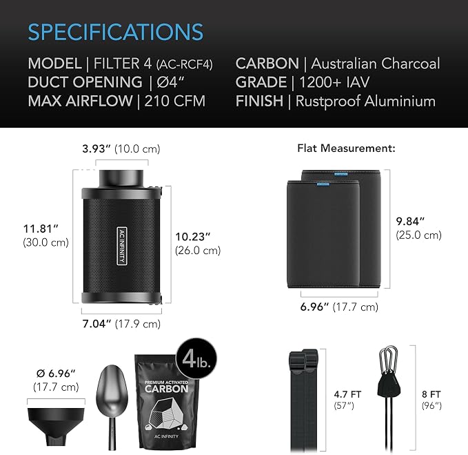 AC Infinity Refillable Carbon Filter Kit 4” with Additional Refill. | Odor Removal Air Scrubber For 4" Inline Fan and Ducting, Reusable Charcoal Filter for Grow Tent Grow Room Hydroponics